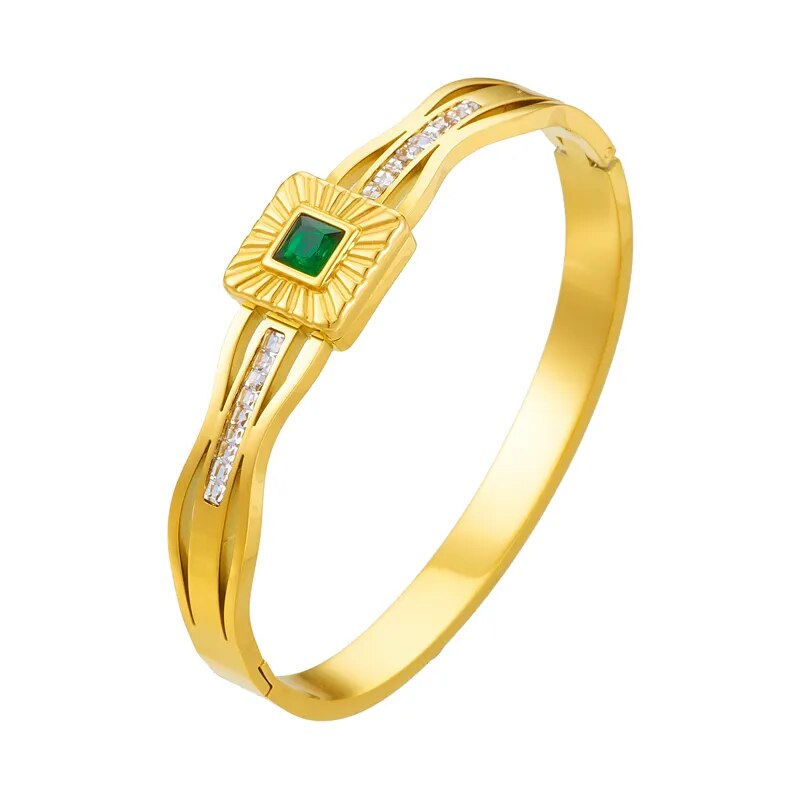 Bracelete Cravejado - Zircônia e Cristal Verde Esmeralda Banhado a Ouro 18k